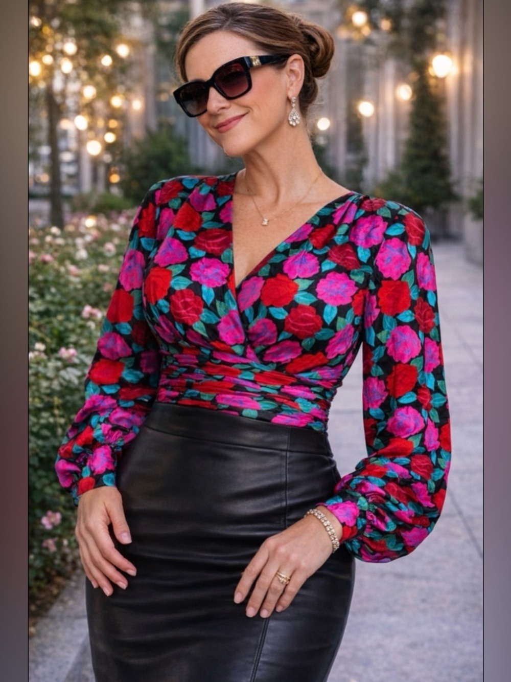 WOMEN’S RONNY KOBO CARISSA LONG SLEEVE ROSES BLOUSE SIZE LARGE